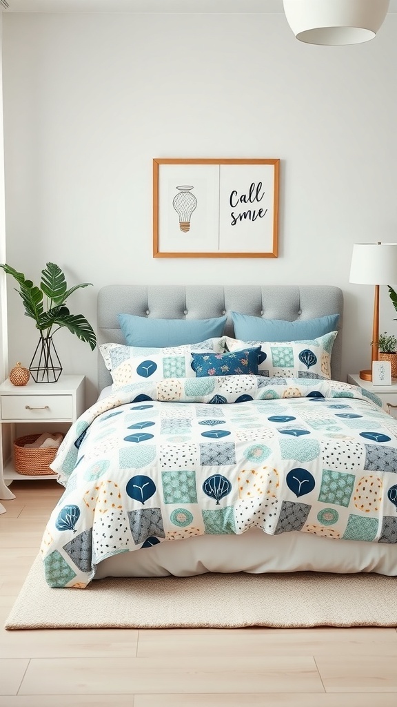 A preppy teen bedroom featuring a colorful bedding set with patterns and throw pillows.