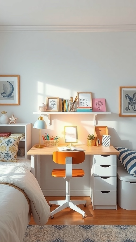 A stylish preppy desk setup with an orange chair, wooden desk, and organized shelves.