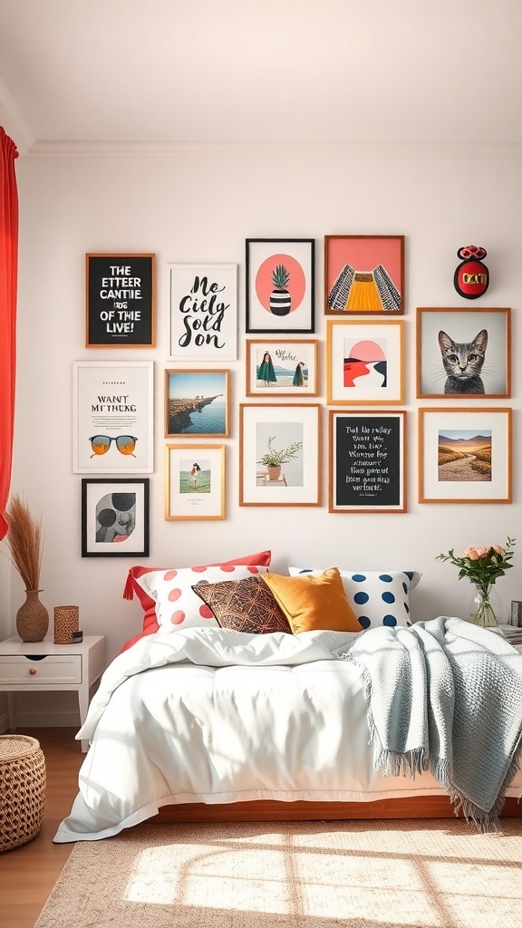 A colorful gallery wall in a preppy teen bedroom featuring various framed artworks and decor.
