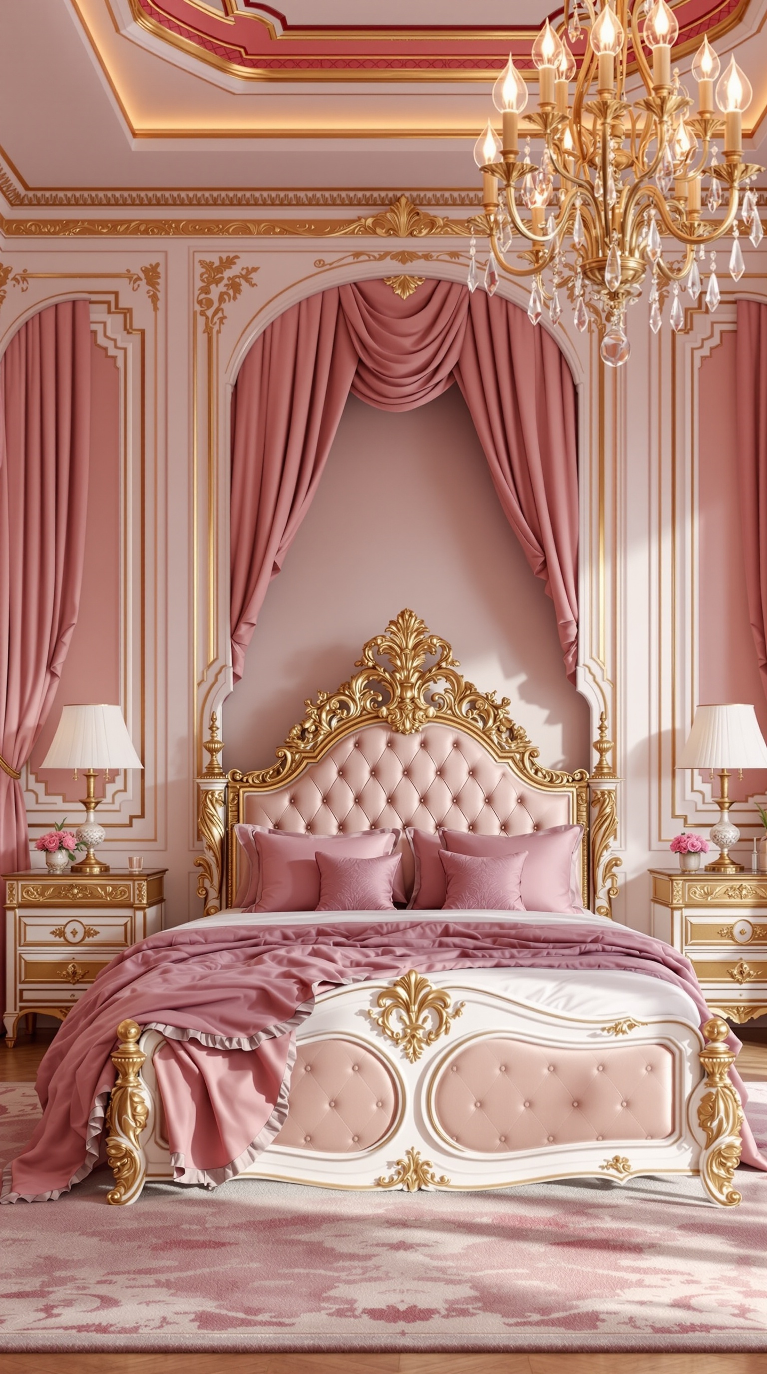 A luxurious princess-themed bedroom featuring a pink and gold color scheme with an elegant bed, chandelier, and decorative curtains.