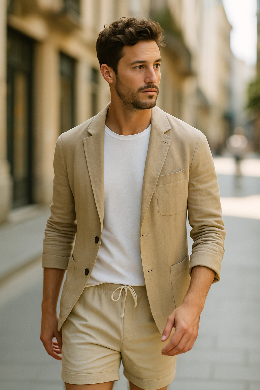 A man wearing a light blazer and swim trunks while walking on a street.