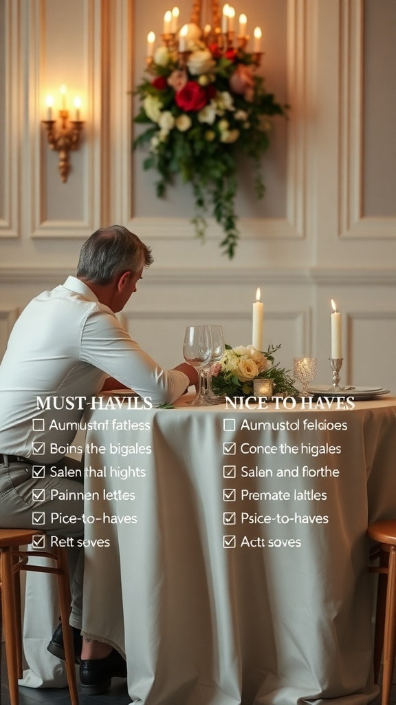 A couple sitting at a beautifully set table, with a lush floral arrangement in the background.