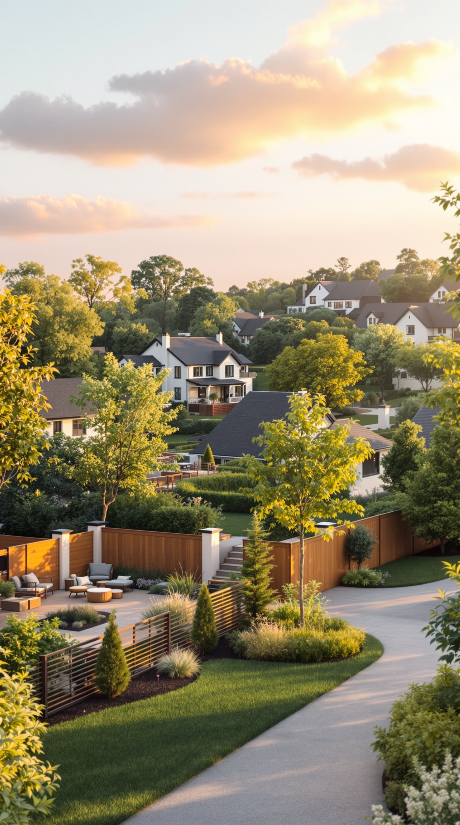 A peaceful family compound with homes surrounded by greenery and a well-defined patio area.