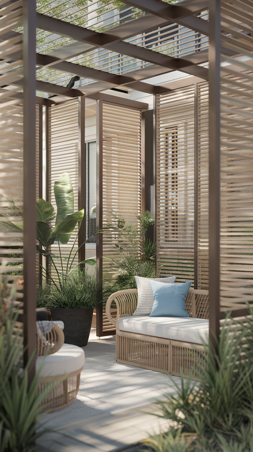 Cozy patio with wooden slatted privacy screens and comfortable seating surrounded by plants.