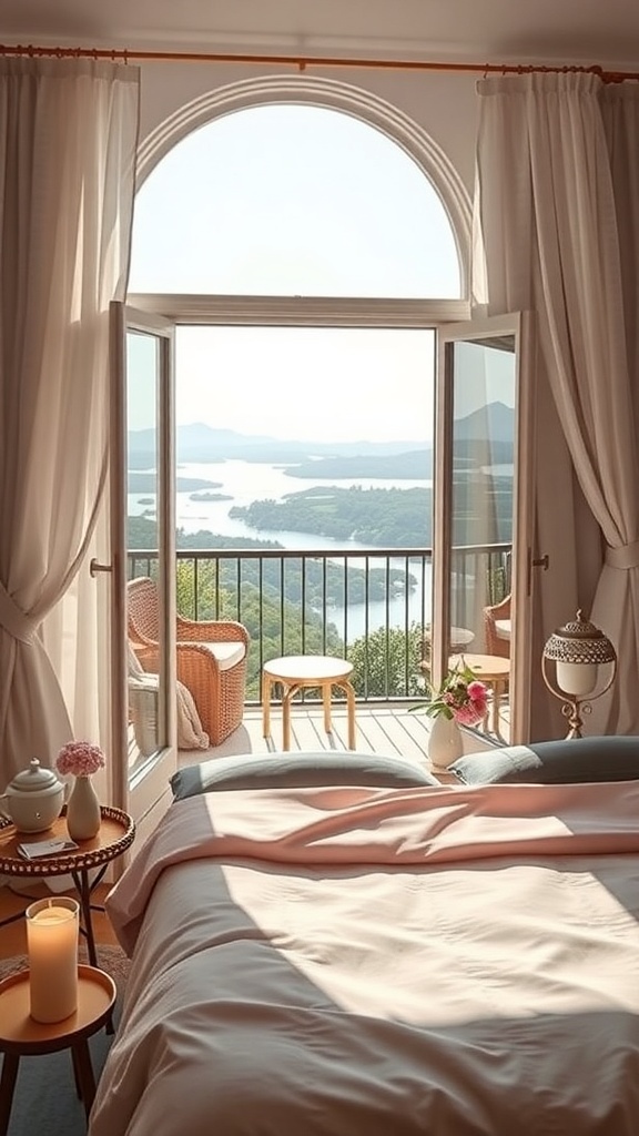 A cozy bedroom with a view, featuring an open balcony overlooking a scenic landscape.