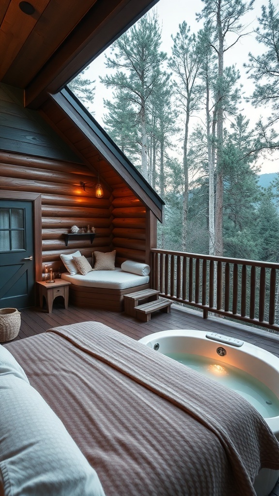 A cozy cabin bedroom with a private hot tub on the balcony, surrounded by trees.