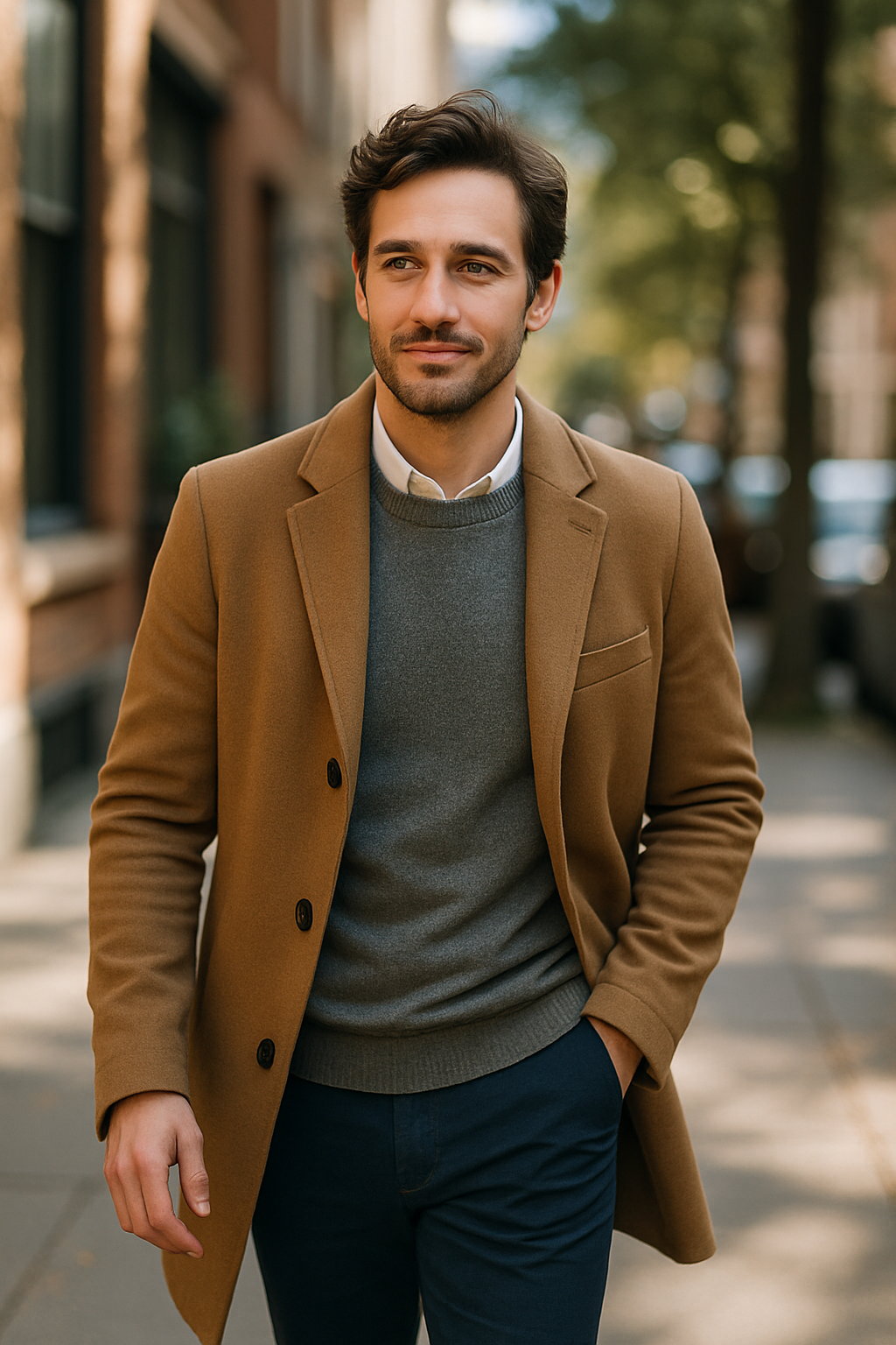 A stylish man walking in a city, dressed in a brown coat and gray sweater, representing luxury lifestyle.
