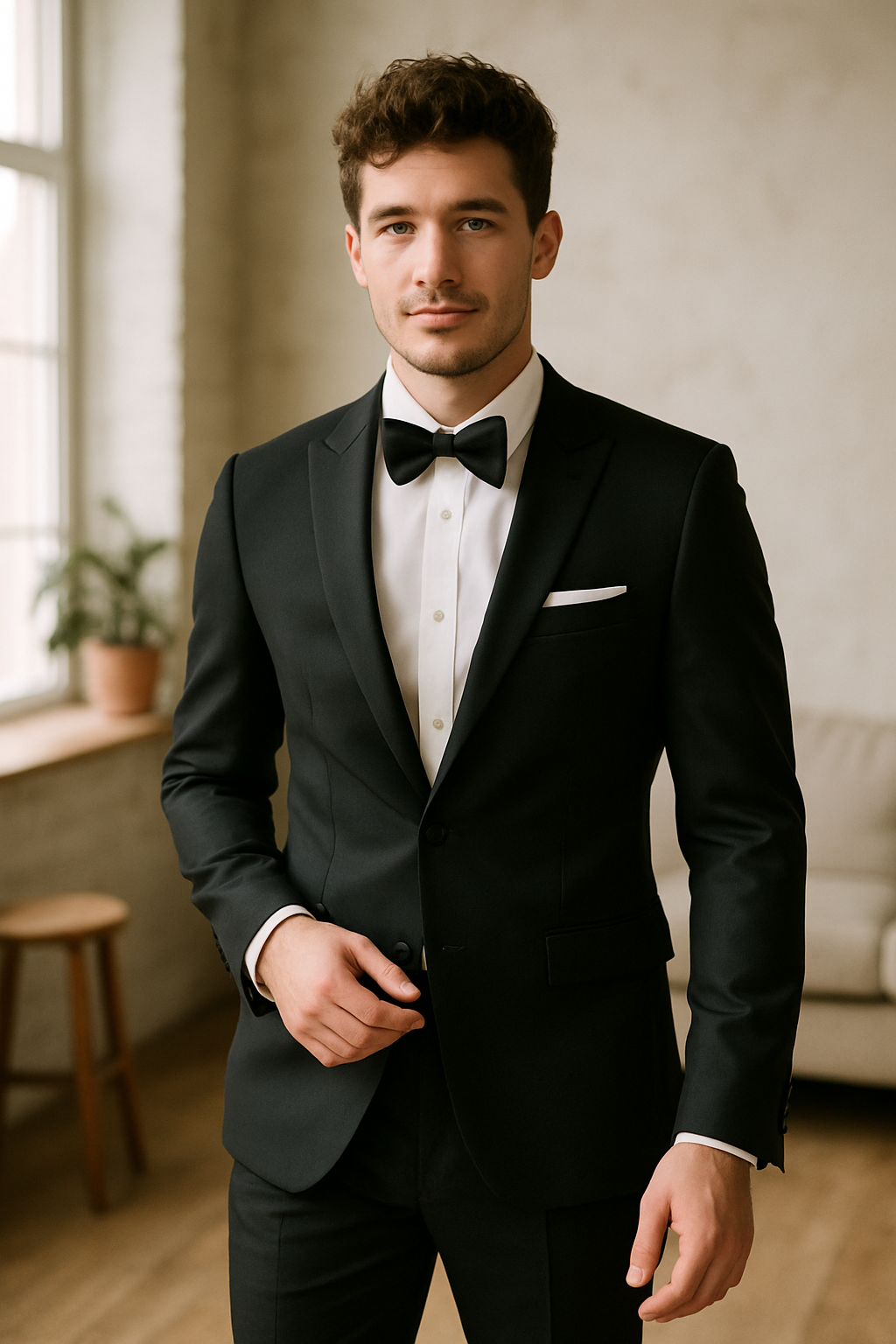 A young man in a stylish black suit with a bow tie, standing confidently in a well-lit room.