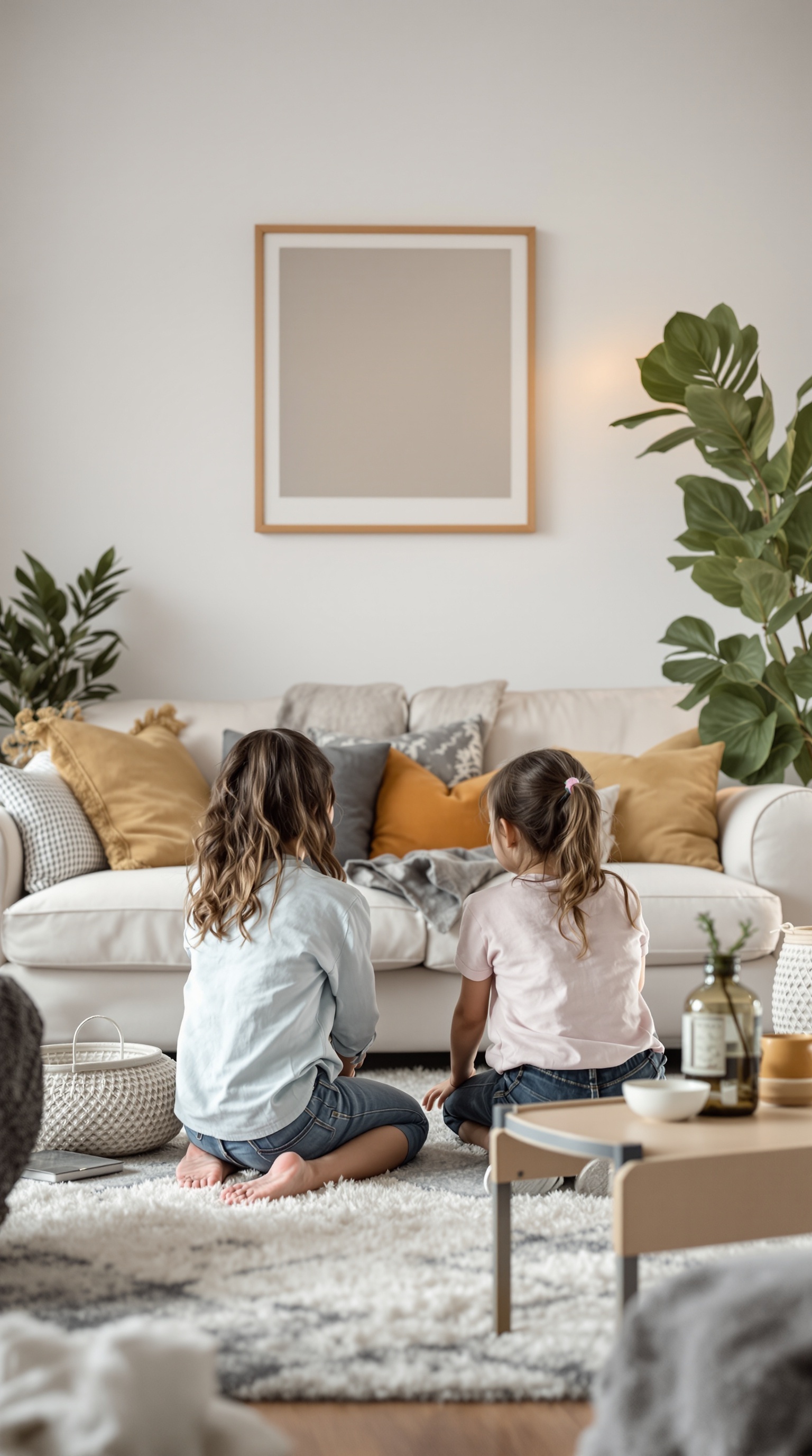 Two children sitting on a rug in a cozy living room, focused on something in front of them.