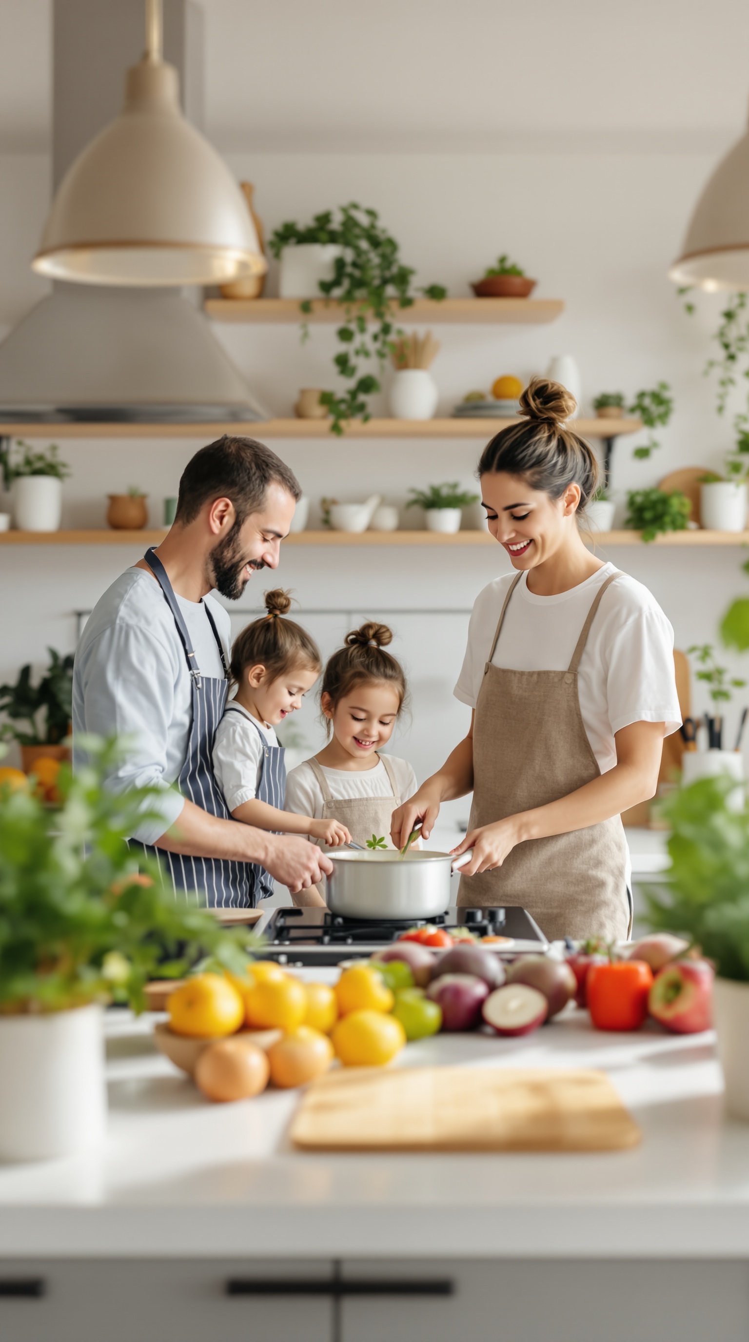 A family cooking together in a bright kitchen, surrounded by fresh fruits and vegetables.
