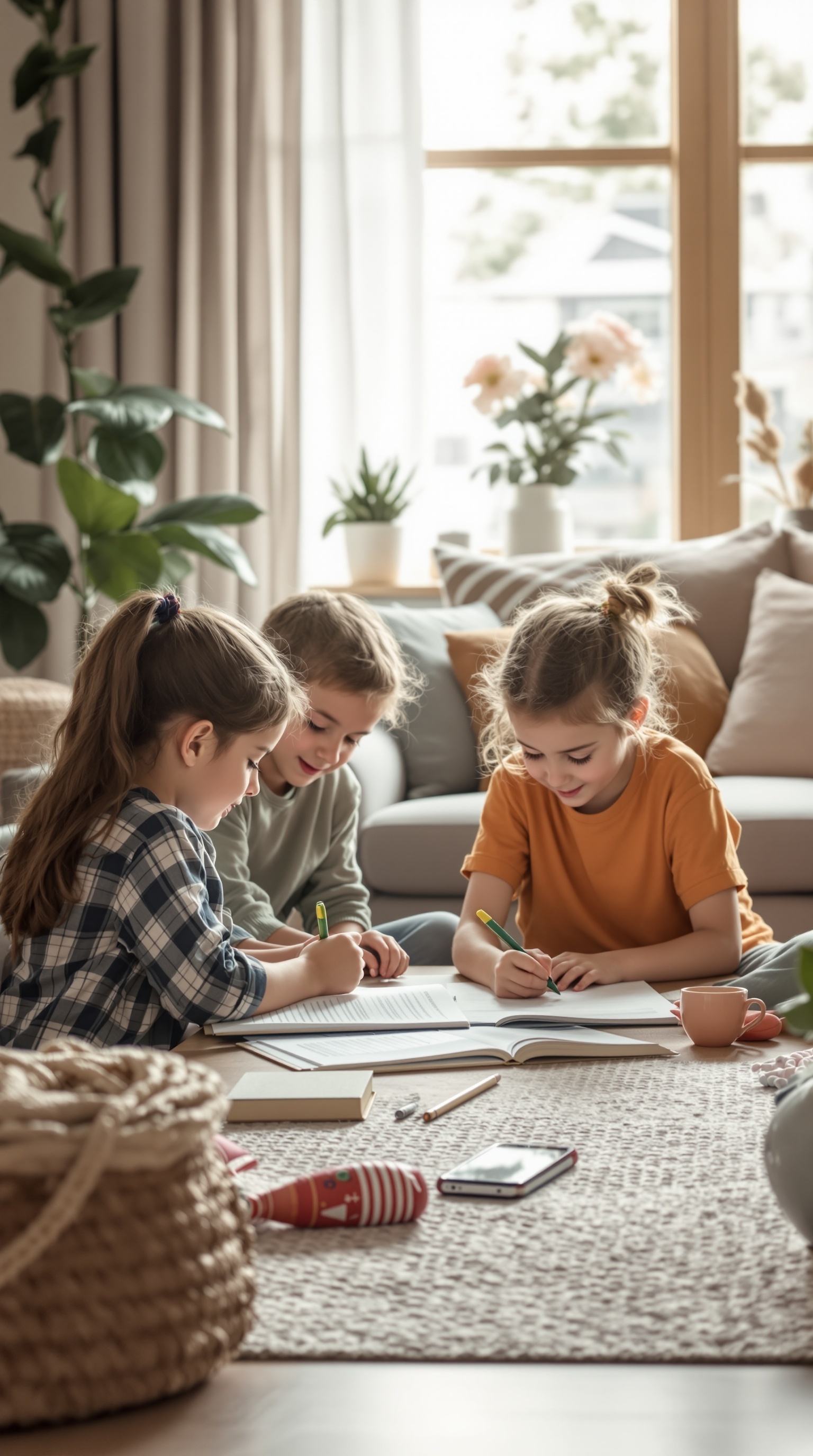 Three children sitting on a rug, drawing and writing in notebooks in a bright living room.