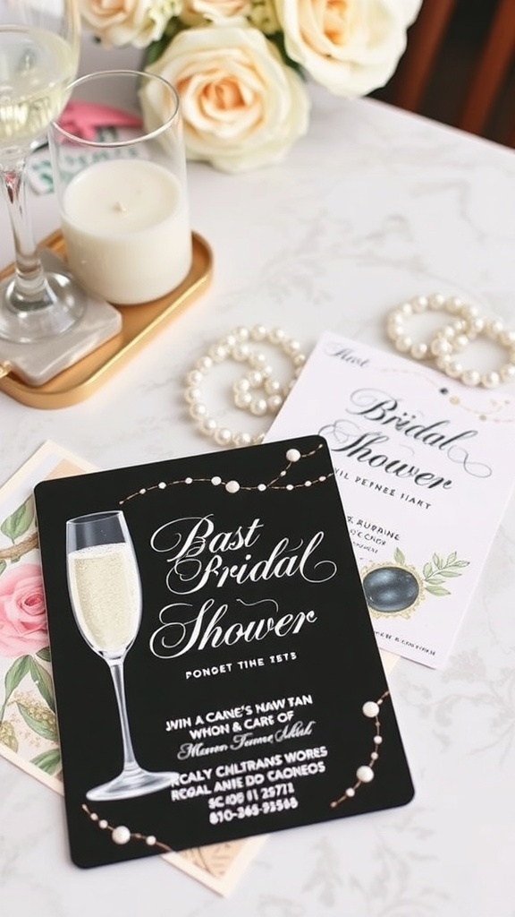 A stylish prosecco-themed bridal shower invitation featuring a champagne glass and elegant design details.