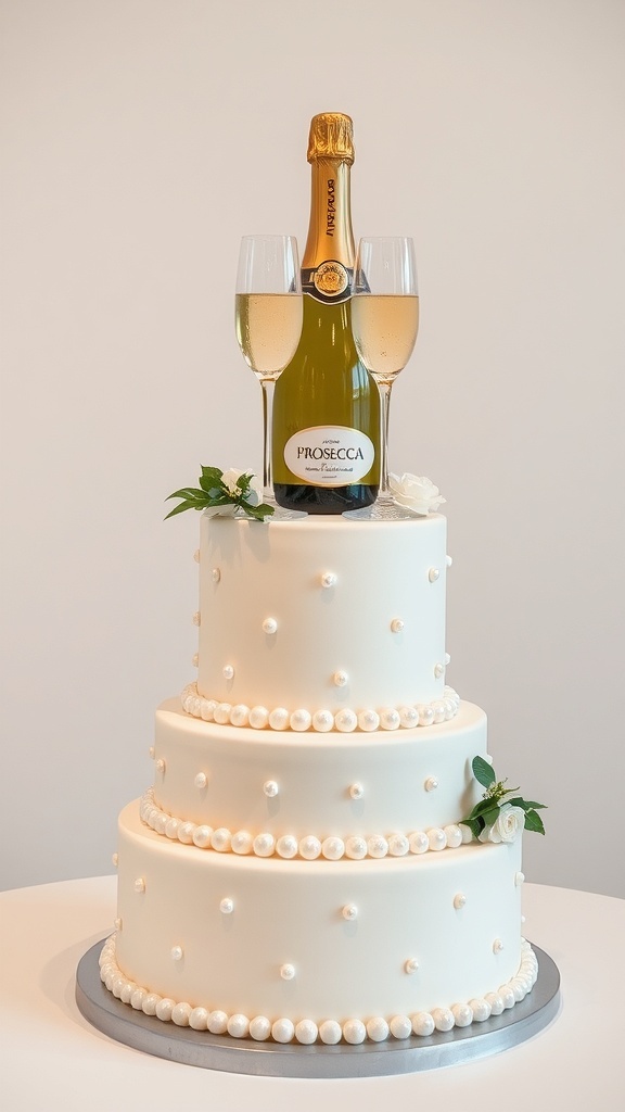 A three-tiered bridal shower cake decorated with white fondant and edible pearls, topped with a bottle of Prosecco and two champagne flutes.