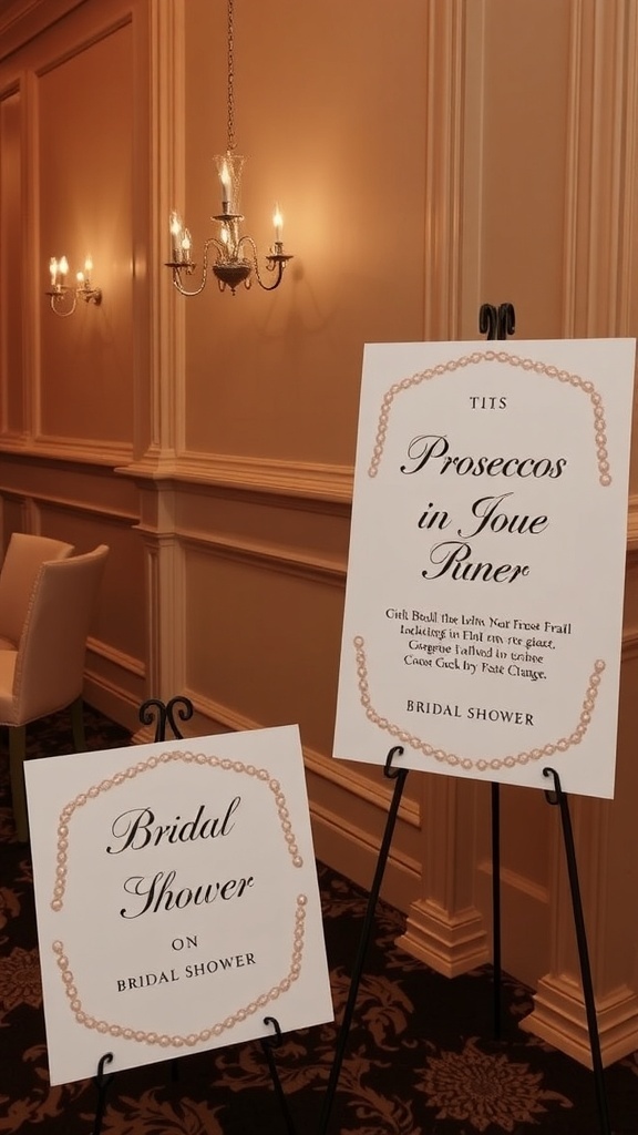Two elegant signs for a Prosecco and Pearls bridal shower, featuring pearl designs and chic fonts.