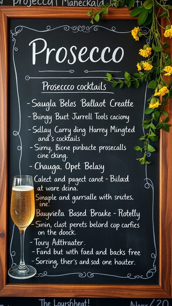 Chalkboard menu for prosecco cocktails with ingredients written out and a glass of prosecco