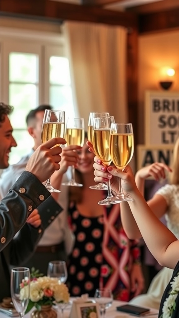 Guests toasting with glasses of prosecco at a bridal shower