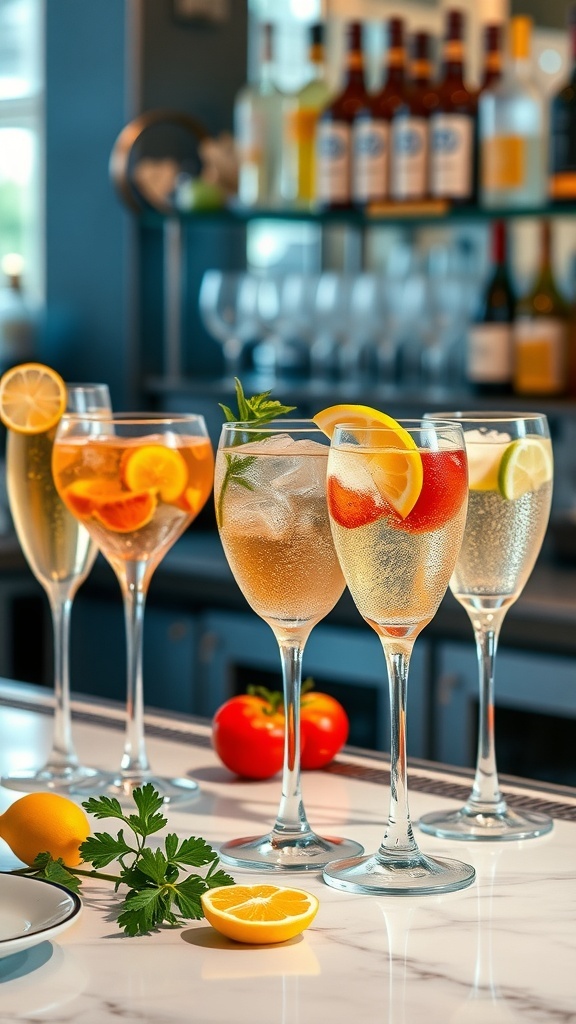 A selection of prosecco cocktails arranged on a bar counter, featuring vibrant garnishes and a cheerful atmosphere.