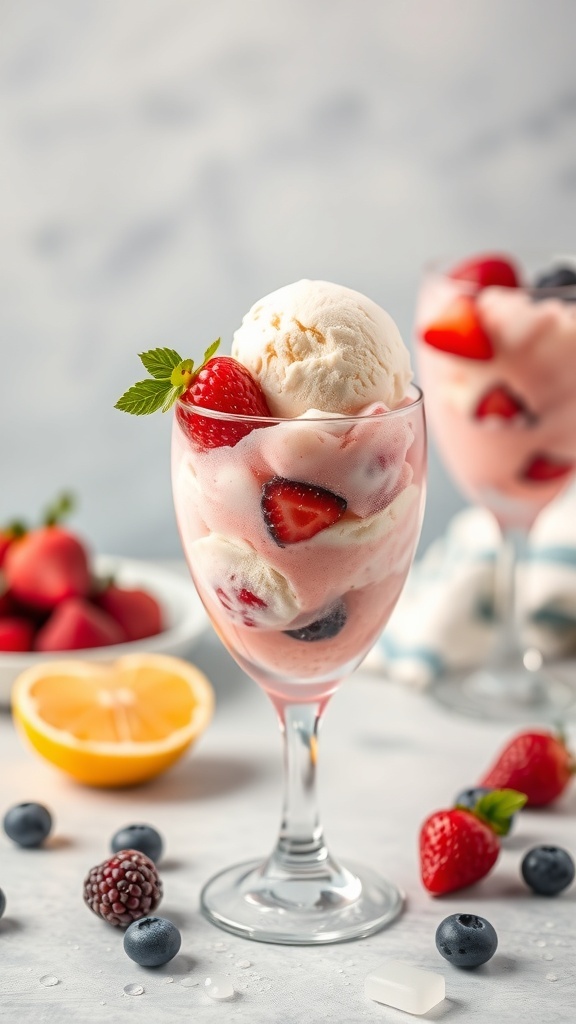 A colorful Prosecco Ice Cream Float with ice cream and fresh berries in a glass