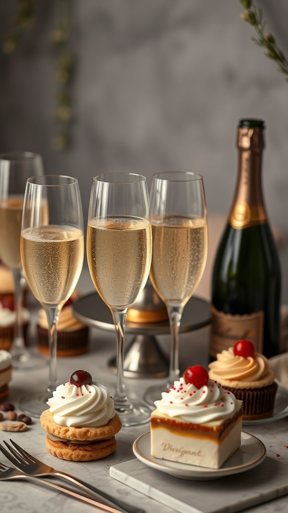 Prosecco-infused desserts on a table with sparkling glasses of prosecco.