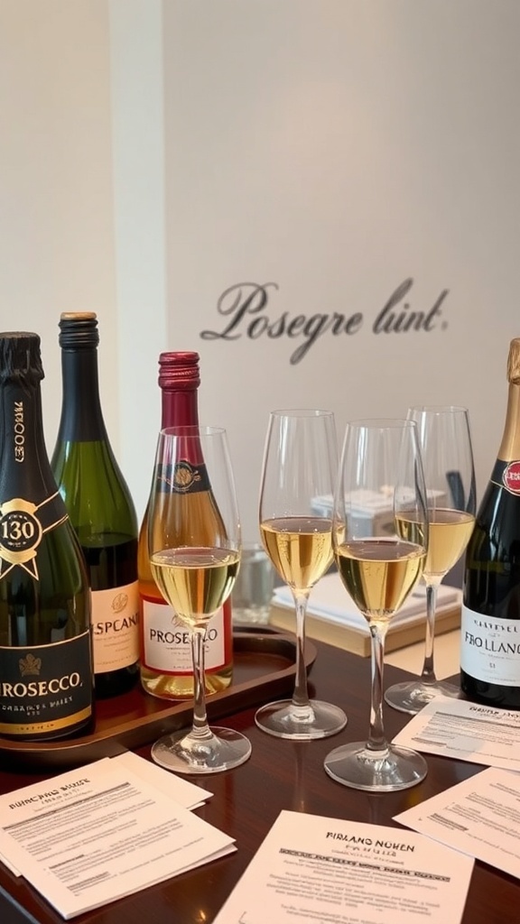 Display of Prosecco bottles and flutes set for a tasting experience