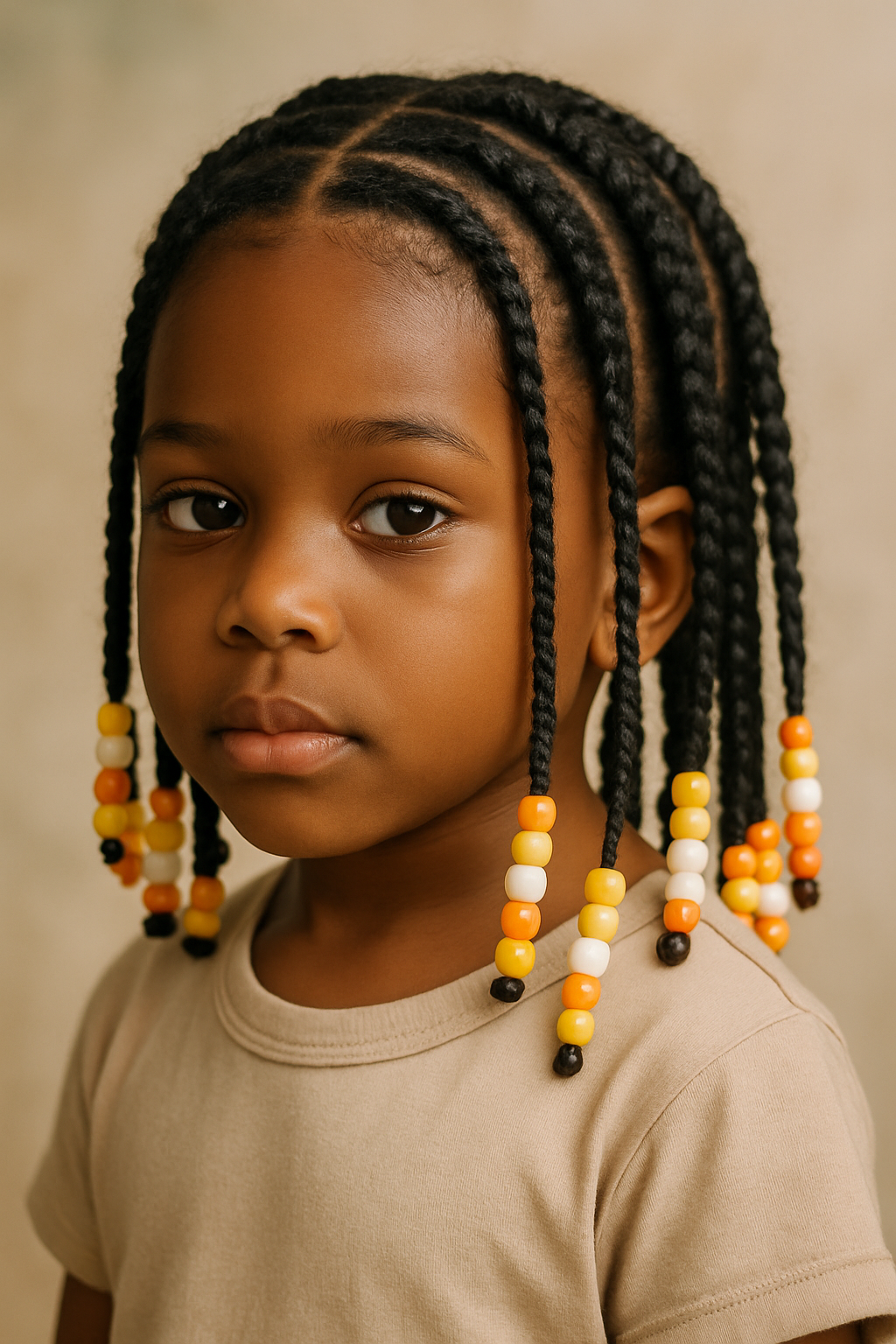 A young girl with braided hair and colorful beads, showcasing a protective hairstyle.