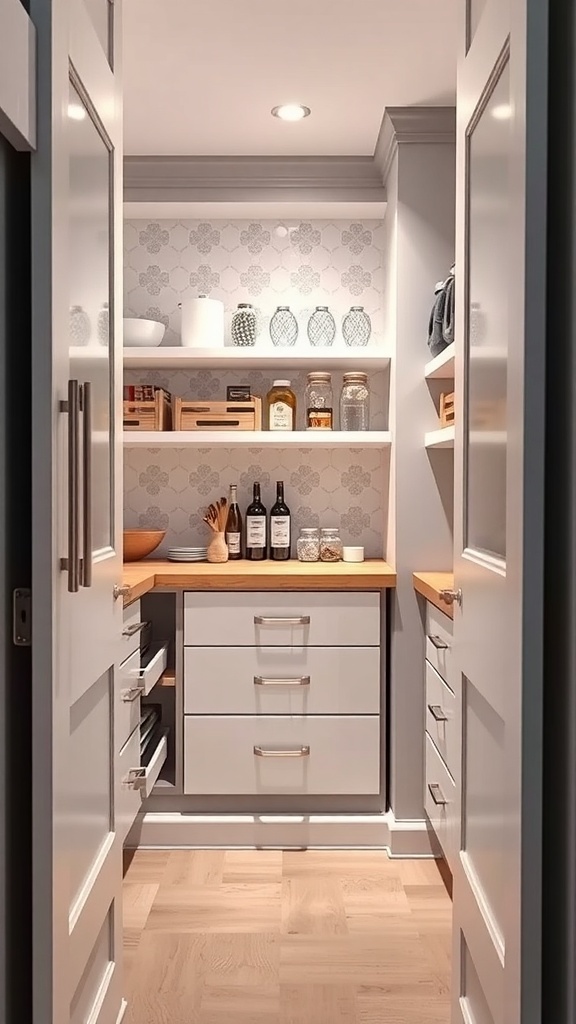 A small pantry with pull-out drawers and organized shelves.