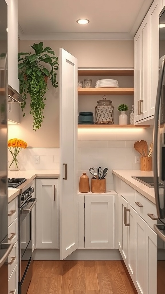 A modern kitchen featuring a pull-out pantry with open shelves and organized items.