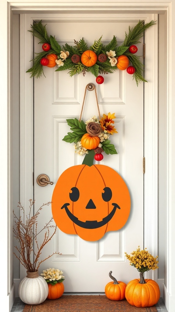 A door decorated with a pumpkin-themed hanger, featuring a smiling pumpkin, a garland of smaller pumpkins and greenery, and additional pumpkins on the ground.