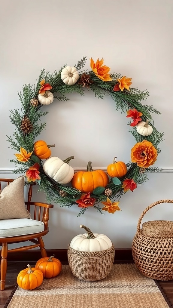 A beautiful pumpkin and pine wreath with orange and white pumpkins, pine branches, and colorful flowers.