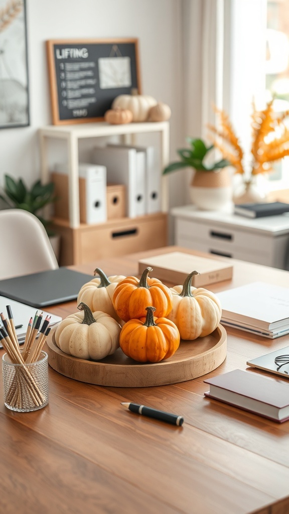 A cozy office desk with a wooden tray holding mini pumpkins, surrounded by office supplies.