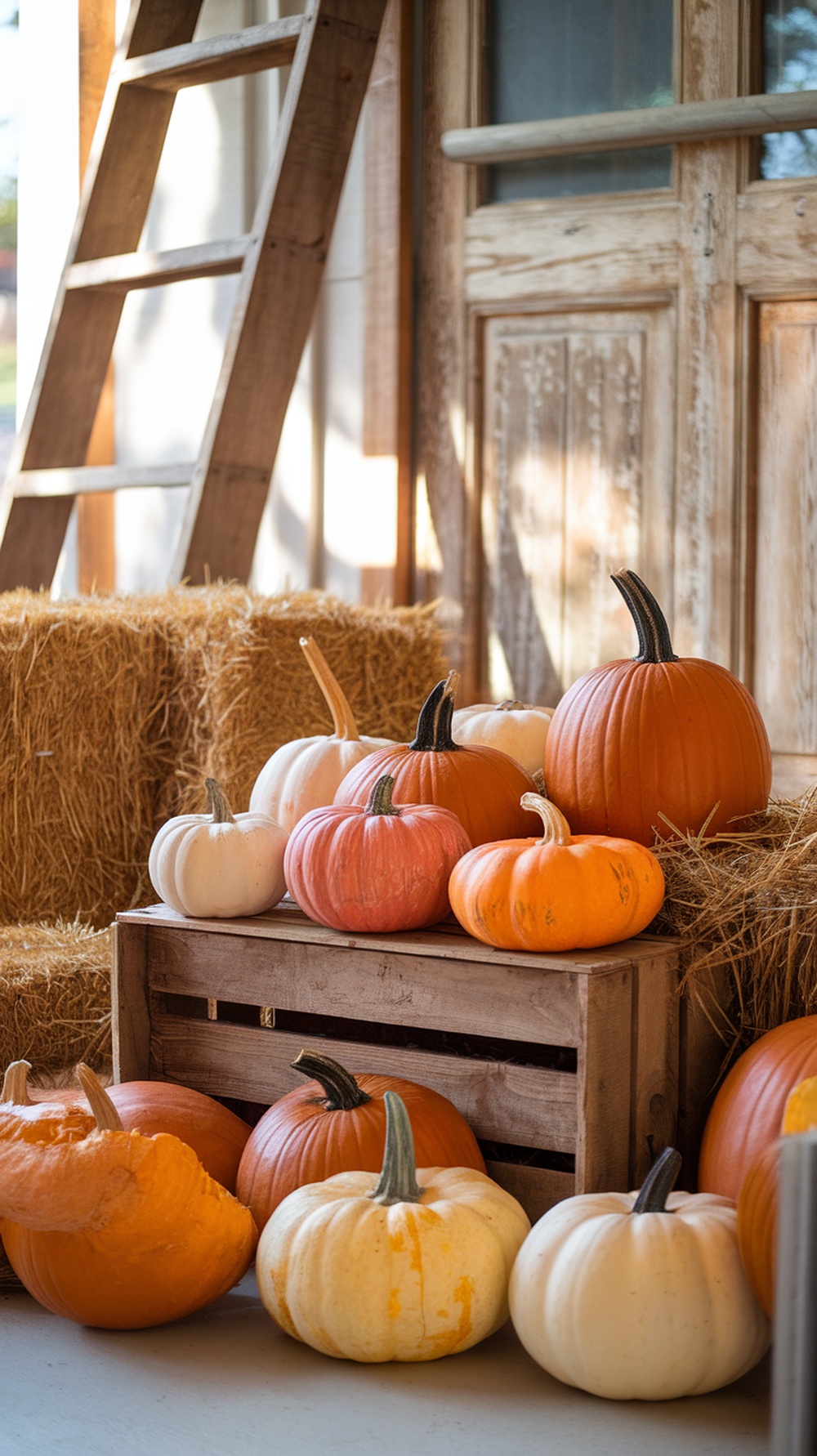 A rustic pumpkin display with various sizes and colors of pumpkins on a wooden crate, surrounded by hay bales.