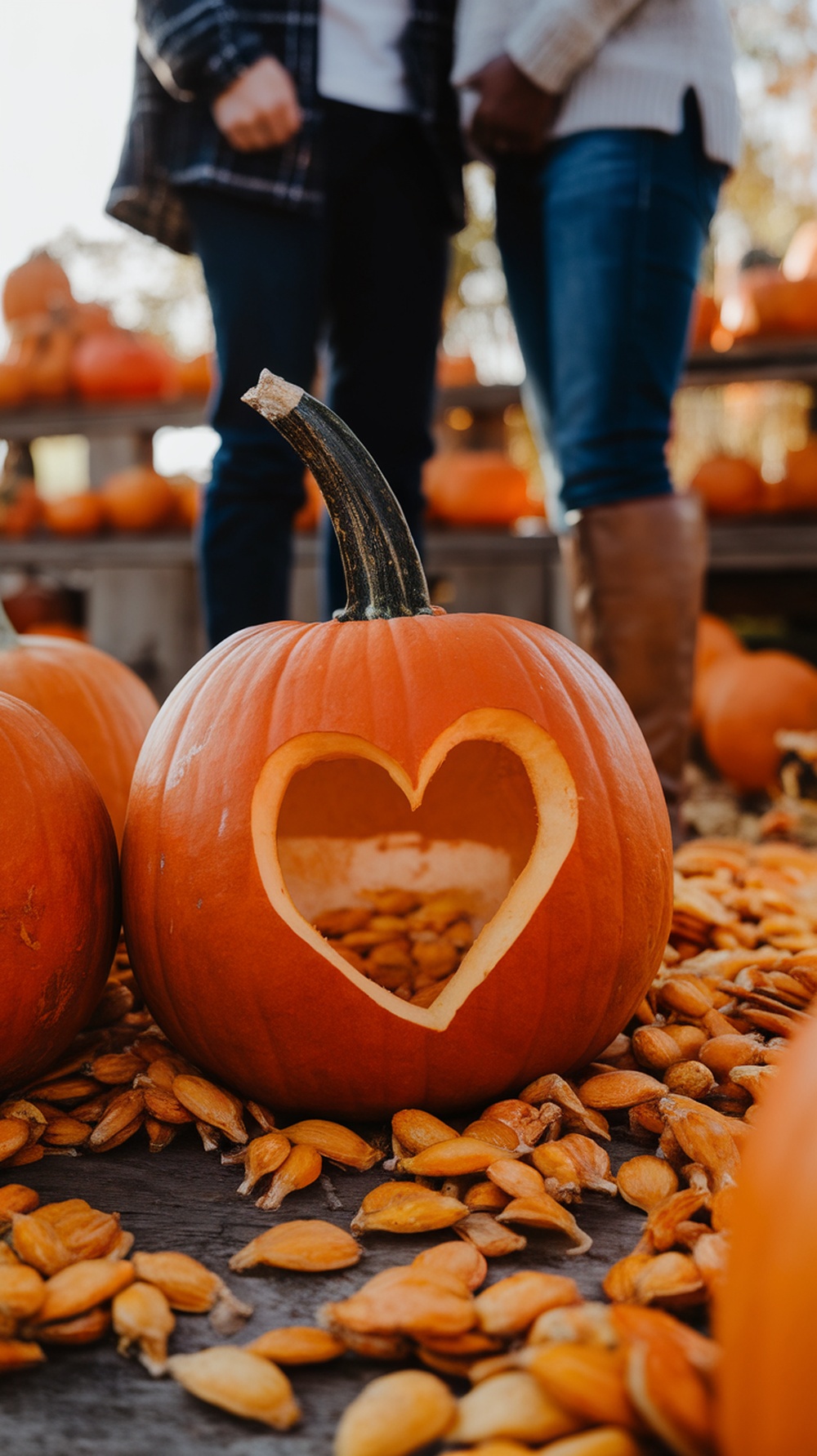 A heart-shaped pumpkin surrounded by other pumpkins and seeds, with a couple in the background.