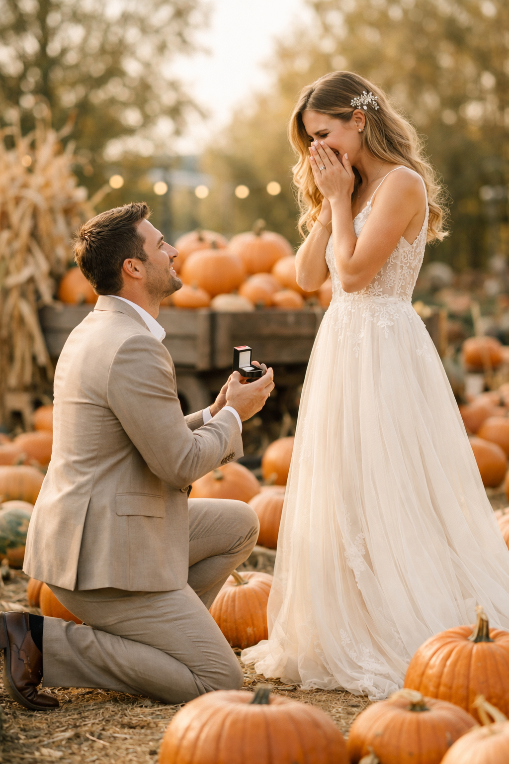A couple engaged in a pumpkin patch, with the man proposing and the woman surprised, amid pumpkins and autumn scenery.