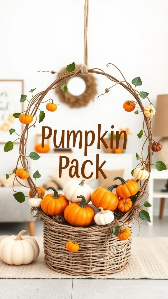 A decorative pumpkin patch wreath featuring various pumpkins and green leaves, with the words 'Pumpkin Pack' in the center.