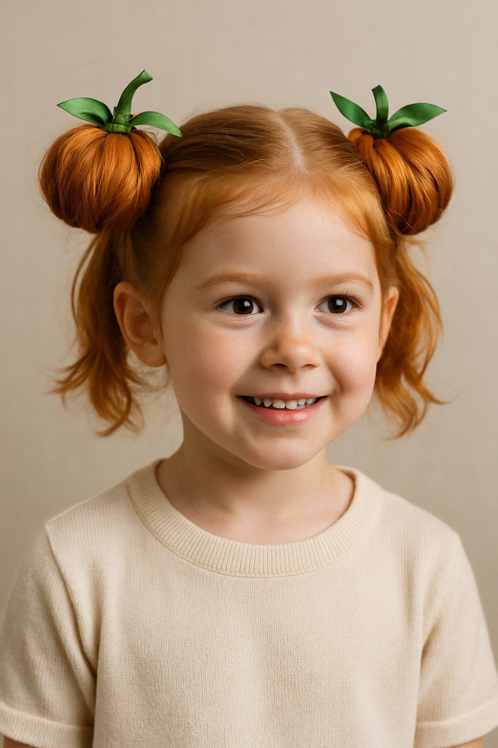 A young girl with pumpkin-themed pigtails, featuring orange hair styled into two pigtails with green ribbons.