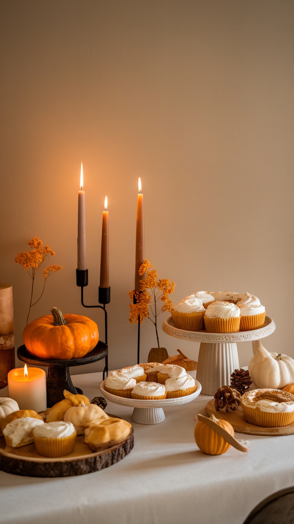 A cozy Thanksgiving table setting featuring pumpkin-themed treats, candles, and decorative pumpkins.