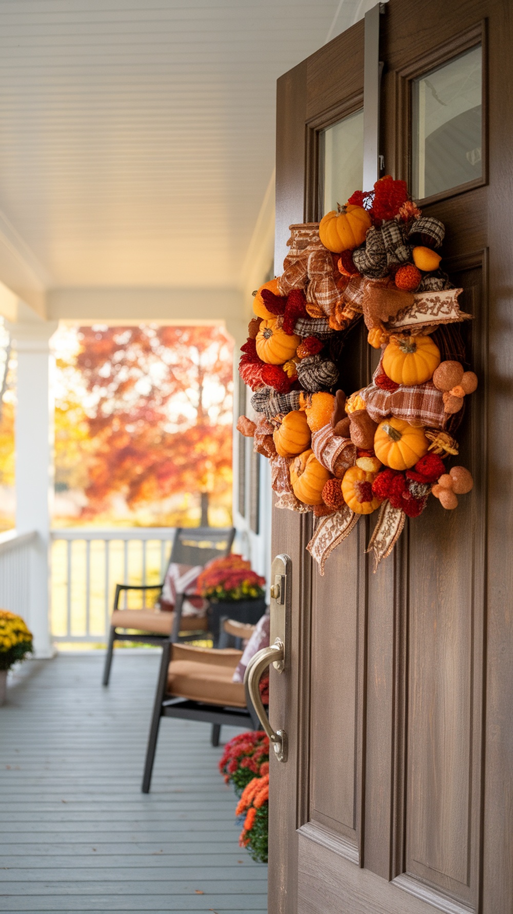 A fall wreath adorned with pumpkins and warm-toned flowers hanging on a door, with autumn foliage in the background.