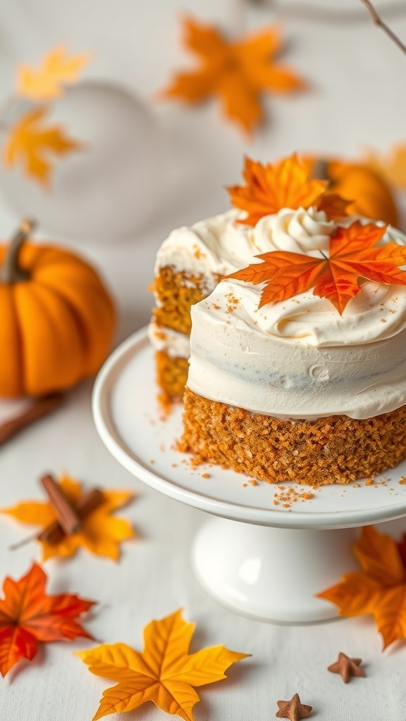 A beautiful pumpkin spice cake decorated with cream cheese frosting and fall leaves.