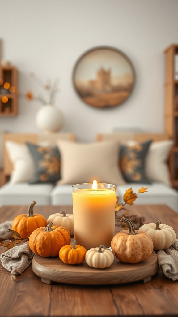 A cozy autumn scene featuring a pumpkin spice candle surrounded by small pumpkins on a wooden platter.