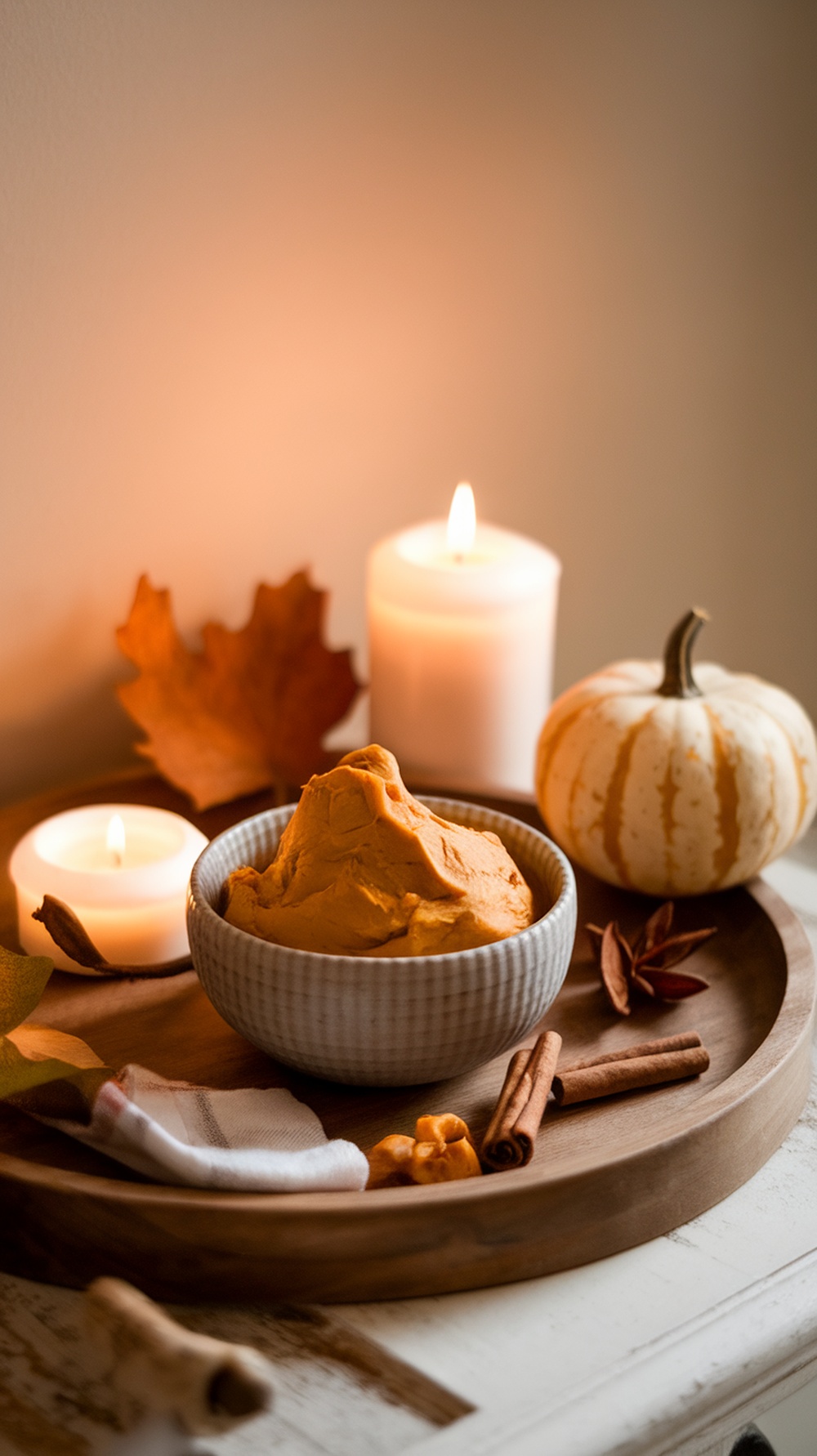 A bowl of pumpkin spice scented playdough surrounded by candles, leaves, and a small pumpkin.