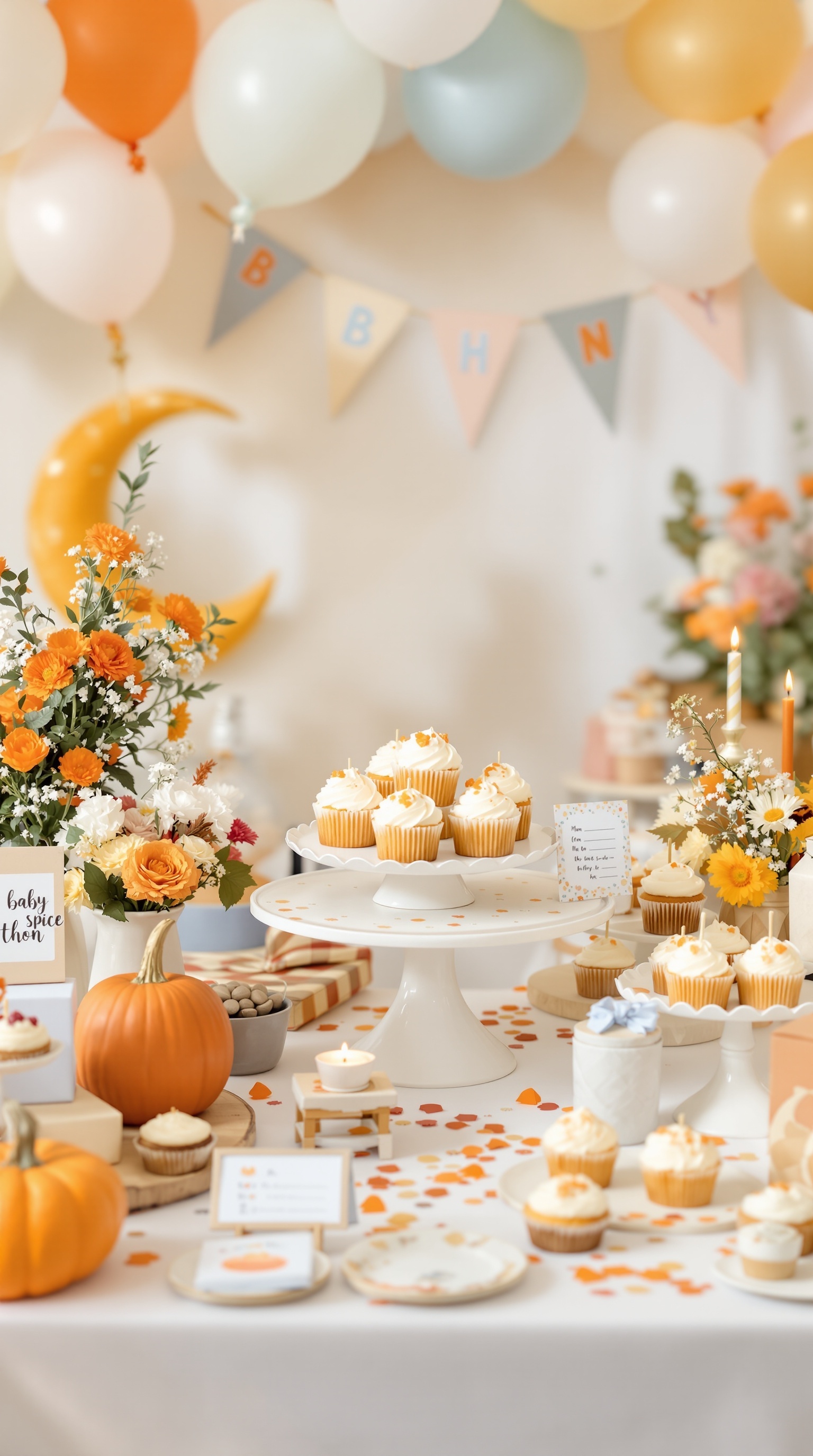 A beautifully decorated table with pumpkin spice cupcakes, flowers, and fall-themed decorations.
