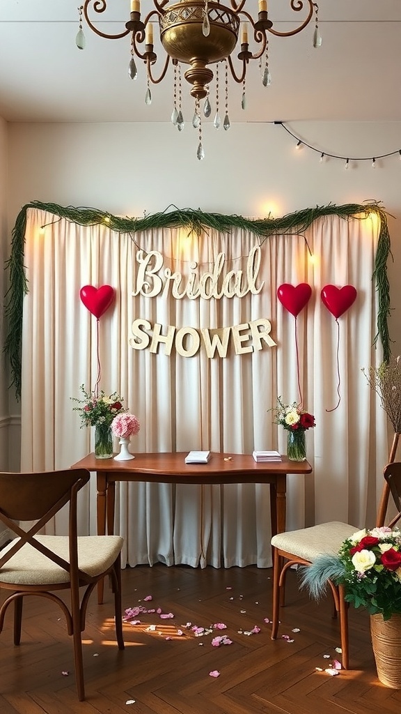 Decorations for a bridal shower with the words 'Bridal Shower' and heart balloons