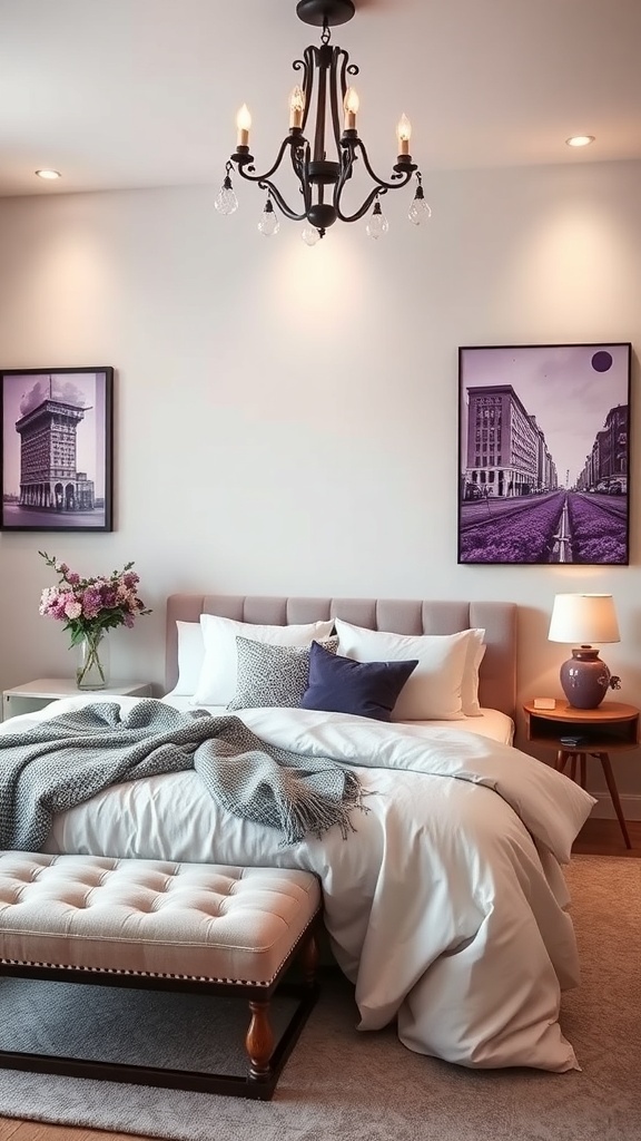 A romantic purple bedroom featuring purple-themed artwork, soft bedding, and elegant decor.