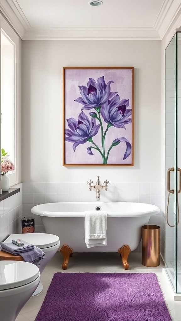 A purple-themed bathroom featuring a large floral artwork, purple rug, and elegant bathtub.