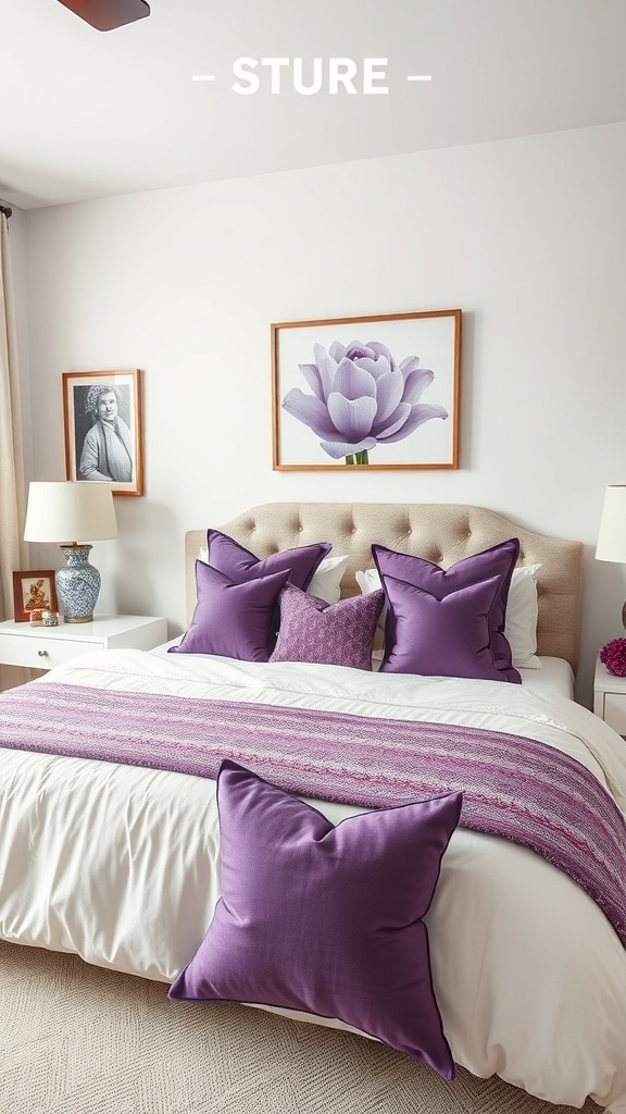 A beautifully styled bedroom featuring purple accent pillows on a bed with white bedding.