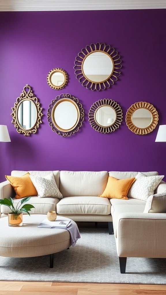 A cozy living space featuring a purple accent wall adorned with various mirrors, complemented by neutral furniture and bright cushions.