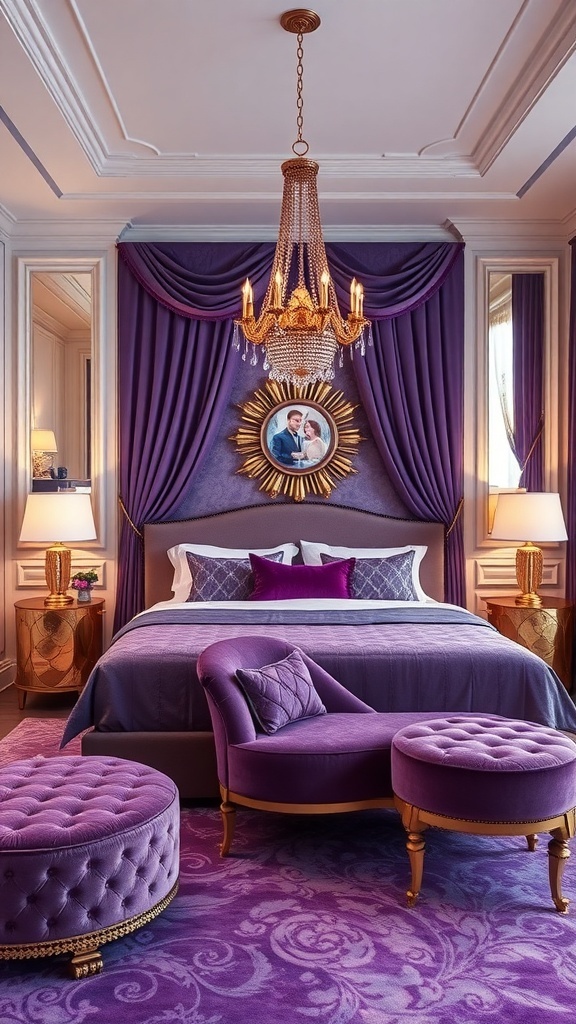 Luxurious purple bedroom with gold accents, featuring a chandelier and elegant furniture.