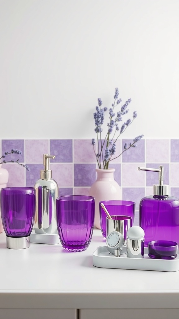Purple bathroom accessories including glass containers and a soap dispenser with silver accents.