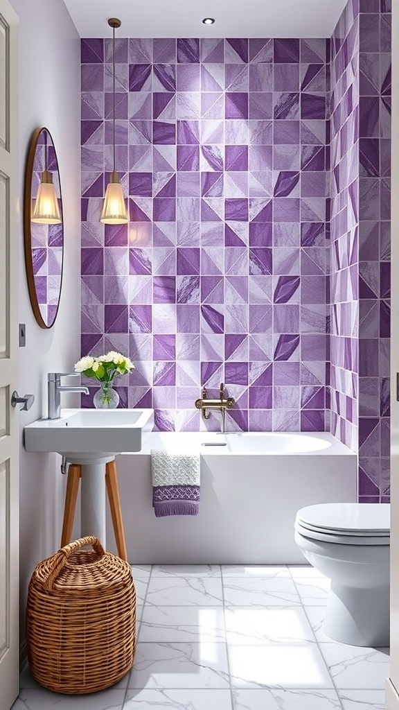 A modern bathroom featuring purple and white geometric patterned tiles on the wall, with a white bathtub, sink, and a round mirror.