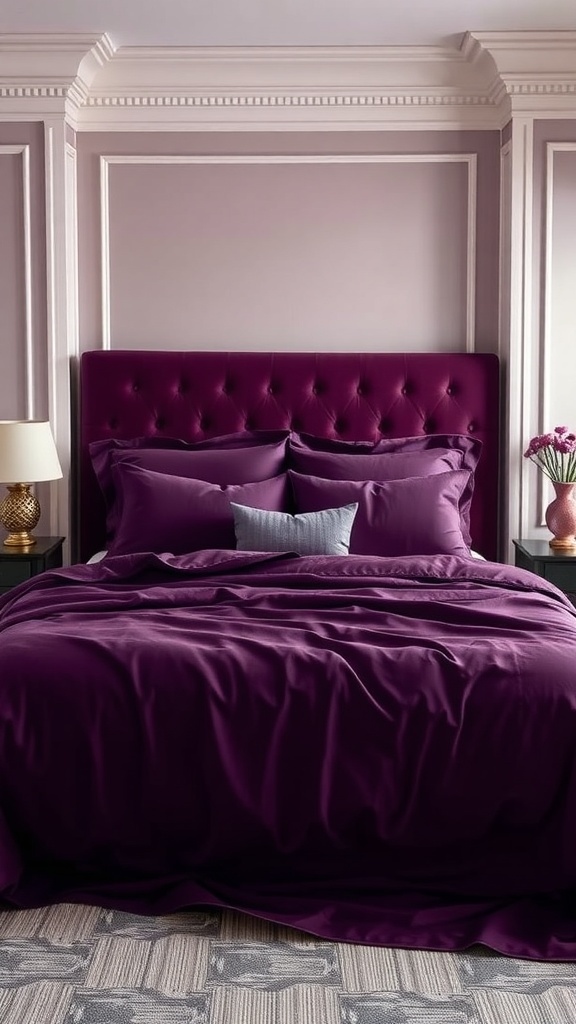 A cozy purple bedding set with a tufted headboard and decorative pillows in a stylish bedroom